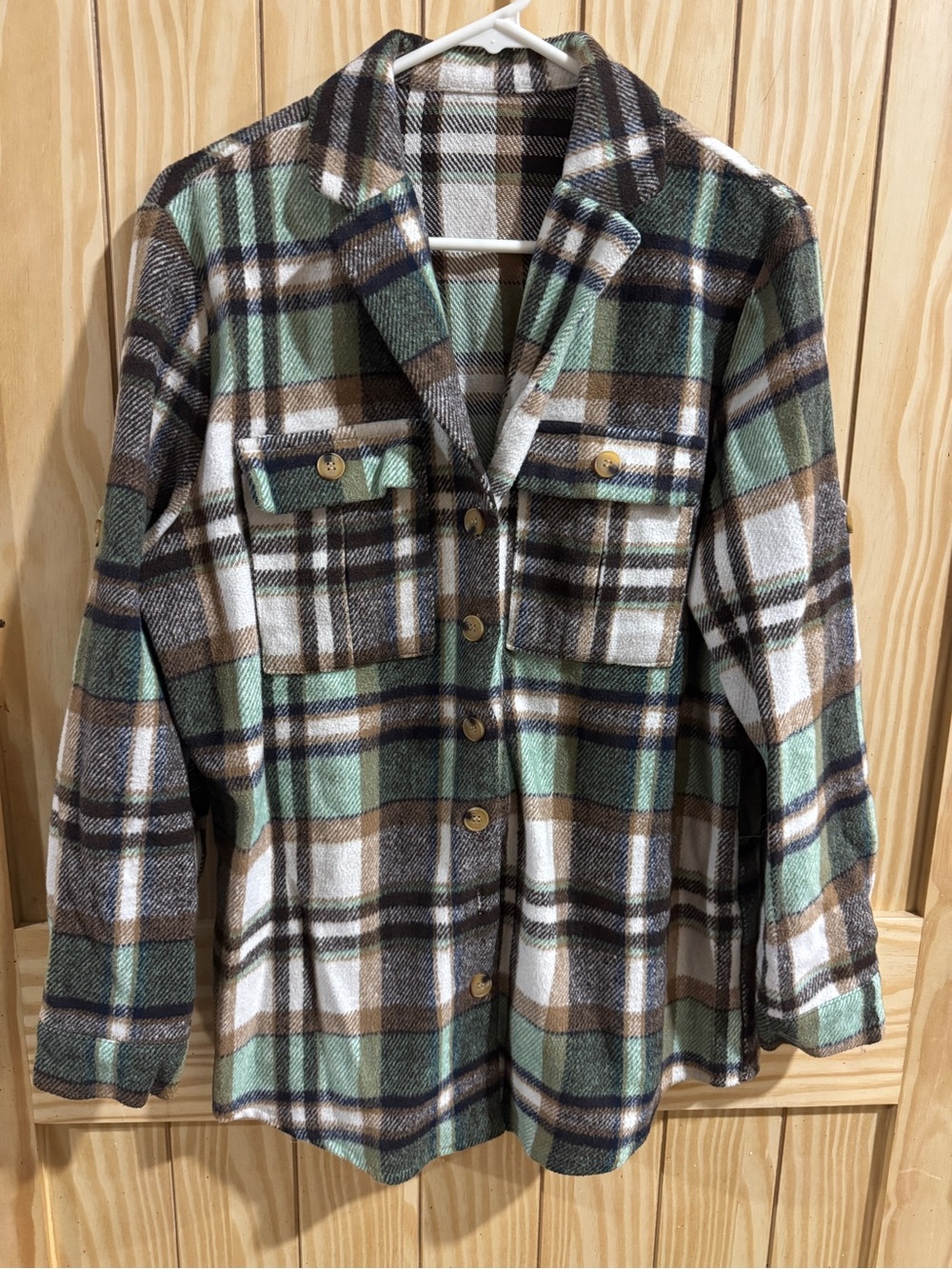 WOMENS FLANNEL SHACKET— GREEN, BROWN AND WHITE